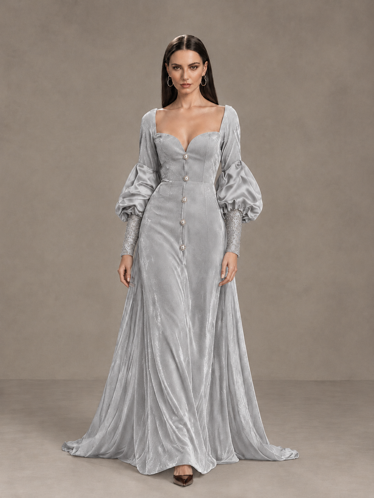 BOLODOO Silver Velvet Long Sleeve Open-Back Evening Gown 