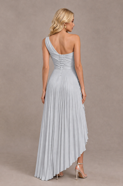BOLODOO Silver One-Shoulder High-Low Ruffle Maxi Dress 