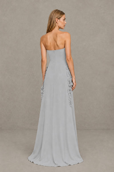BOLODOO Silver Strapless 3D Floral Appliqué Crepe Maxi Gown 
