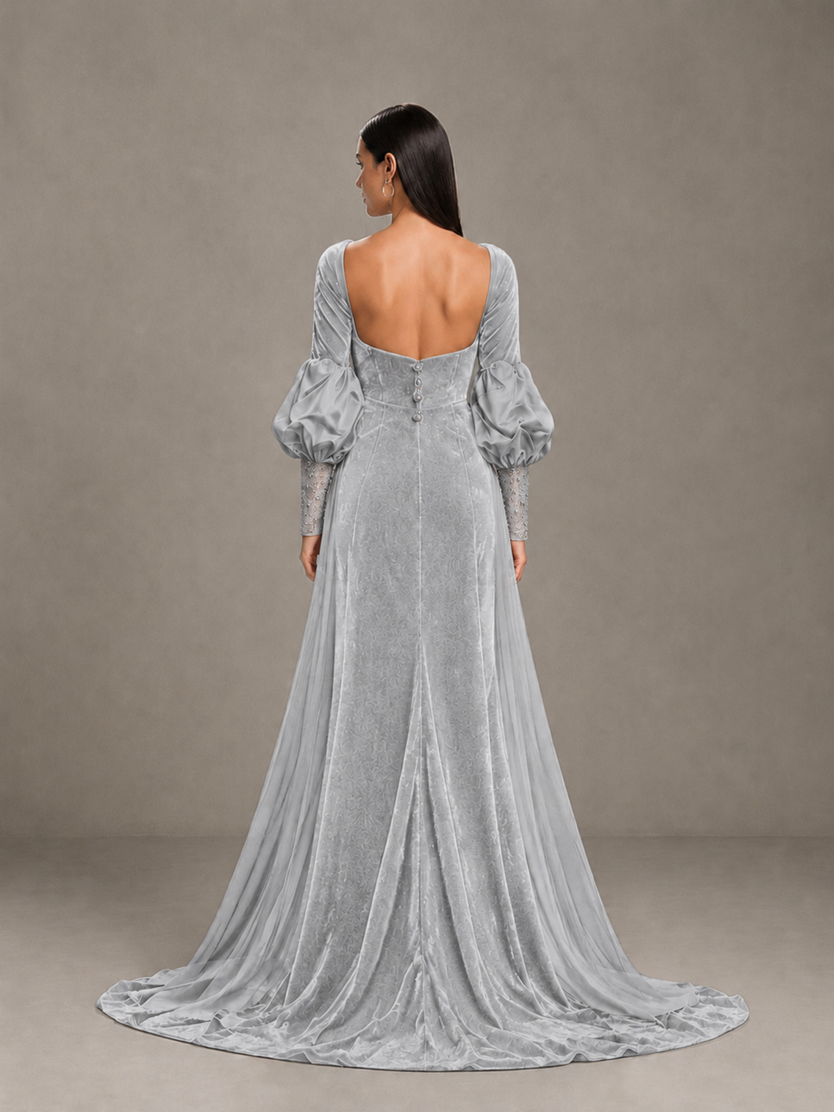 BOLODOO Silver Velvet Long Sleeve Open-Back Evening Gown 
