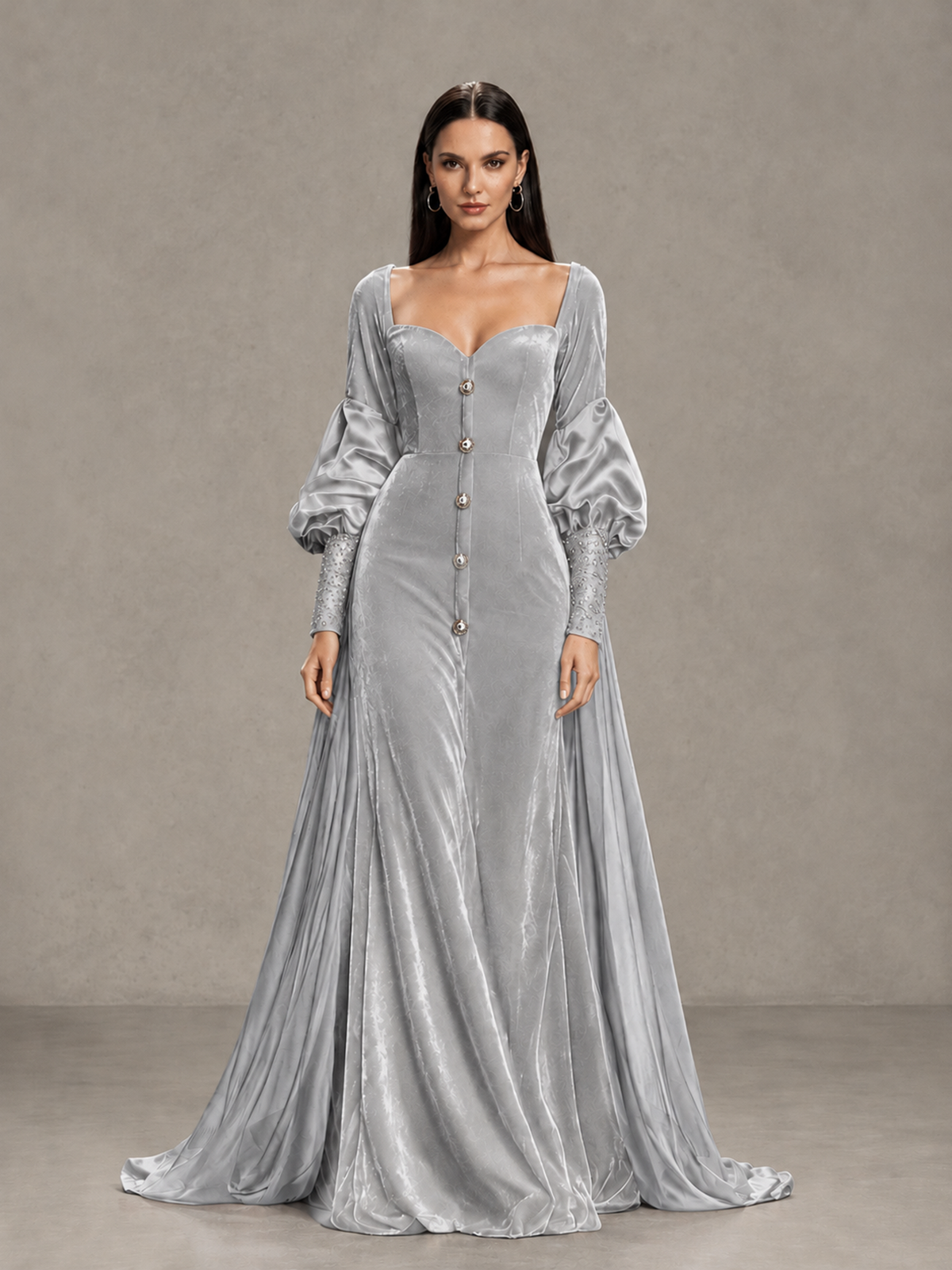 BOLODOO Silver Velvet Long Sleeve Open-Back Evening Gown 