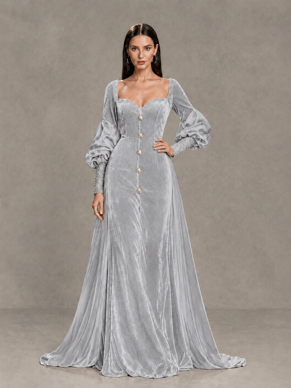 BOLODOO Silver Velvet Long Sleeve Open-Back Evening Gown 