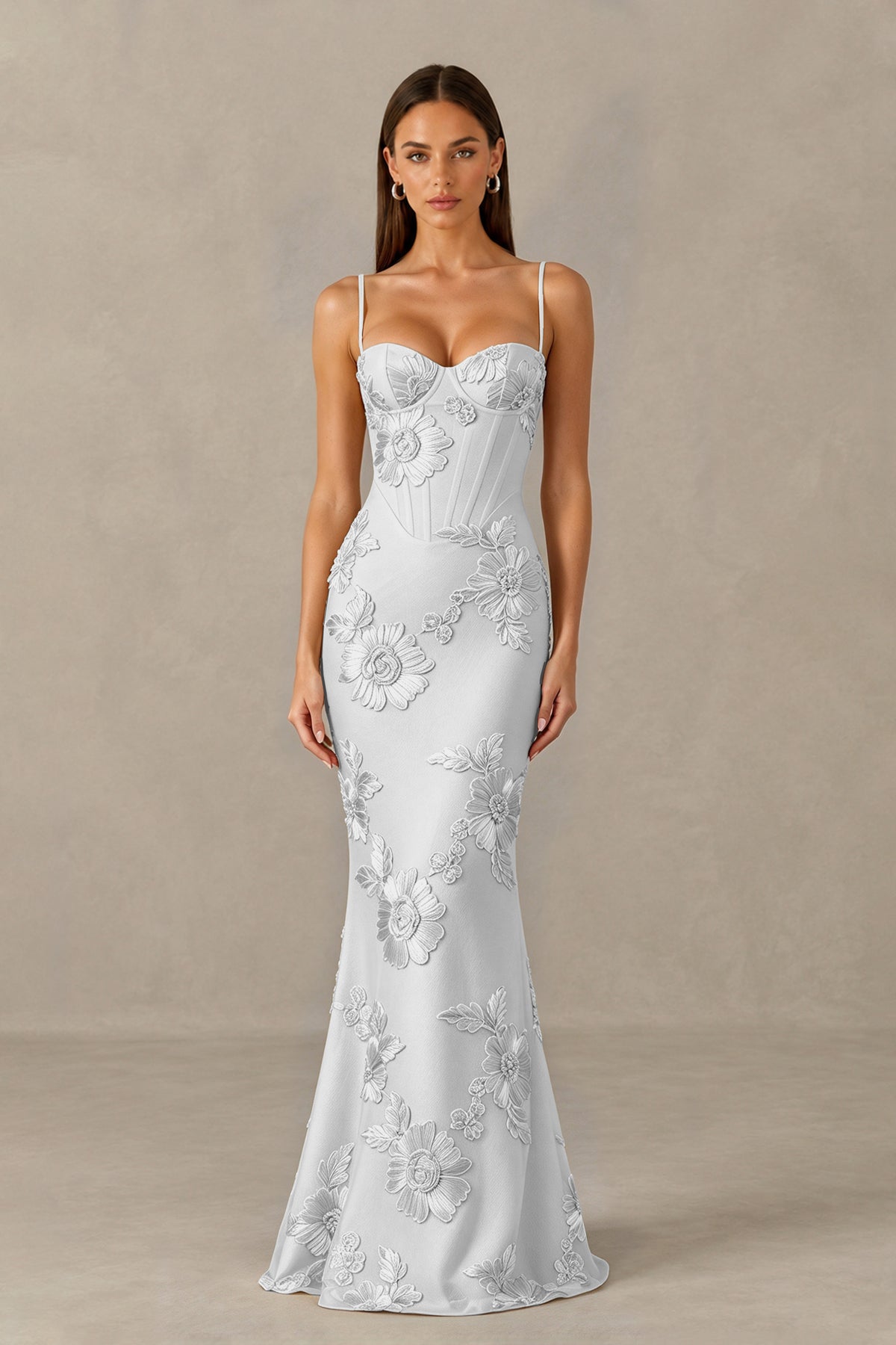 BOLODOO Sliver Floral Lace-Up Back Mermaid Maxi Dress - Sliver