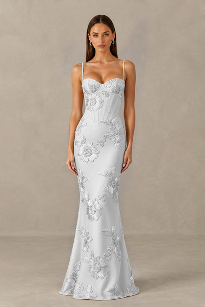 BOLODOO Sliver Floral Lace-Up Back Mermaid Maxi Dress - Sliver
