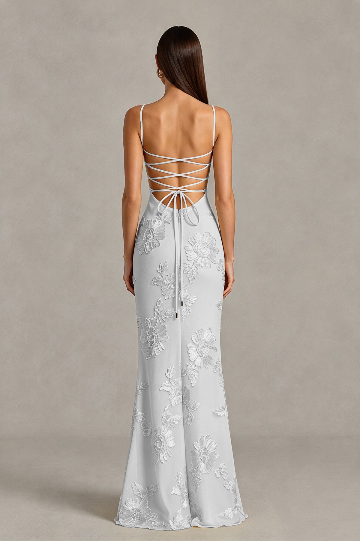 BOLODOO Sliver Floral Lace-Up Back Mermaid Maxi Dress - Sliver