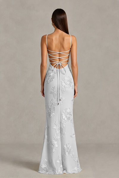 BOLODOO Sliver Floral Lace-Up Back Mermaid Maxi Dress - Sliver