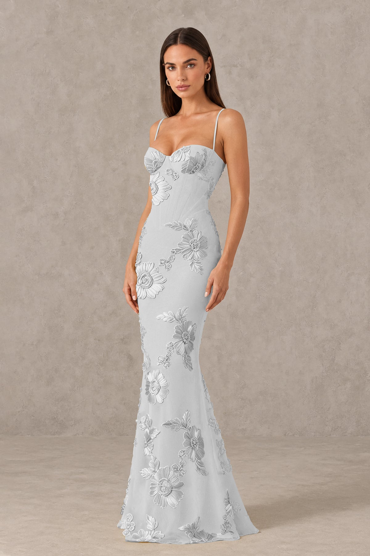 BOLODOO Sliver Floral Lace-Up Back Mermaid Maxi Dress - Sliver