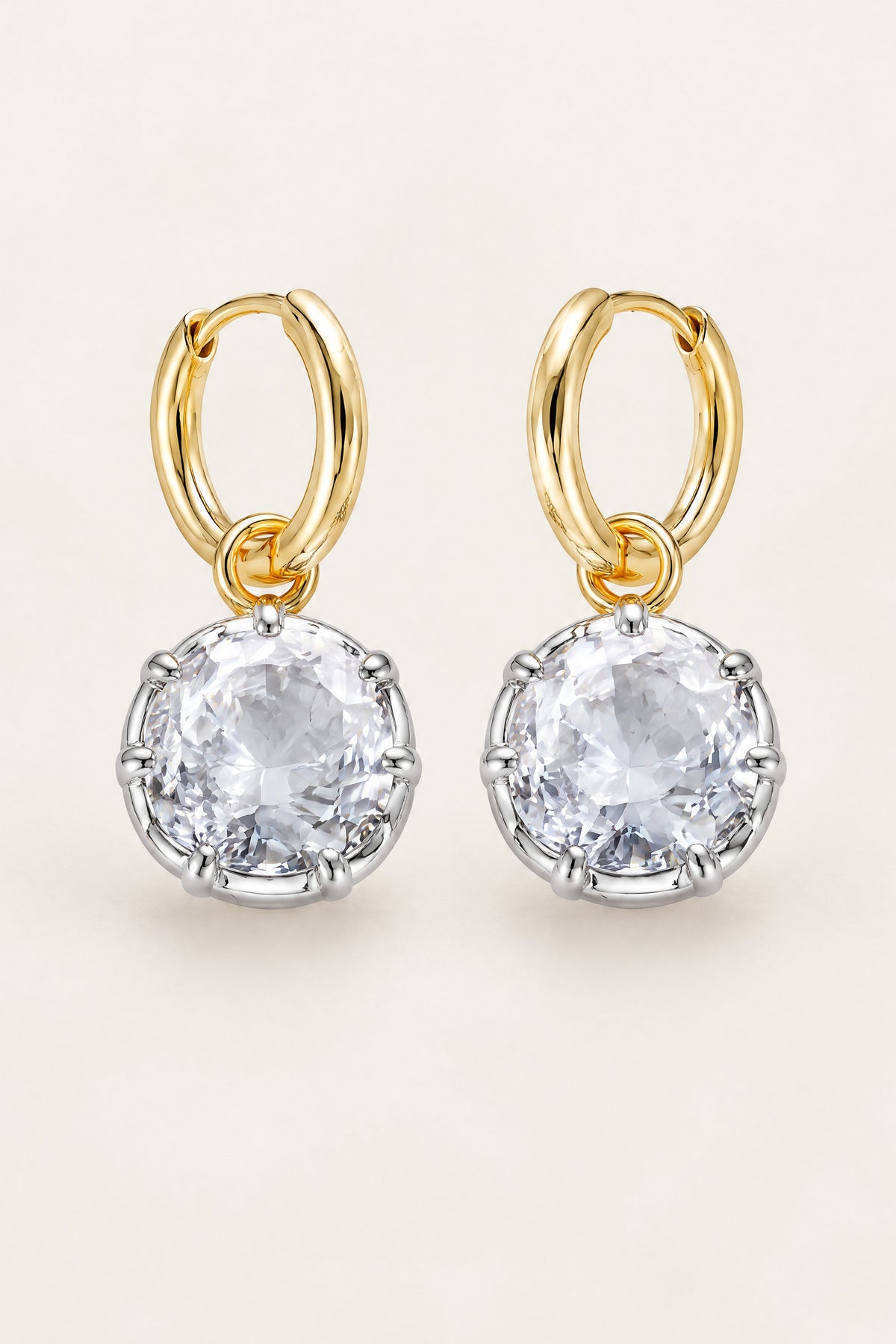BOLODOO QQ065 two-tone clear stone drop hoop earrings, front view