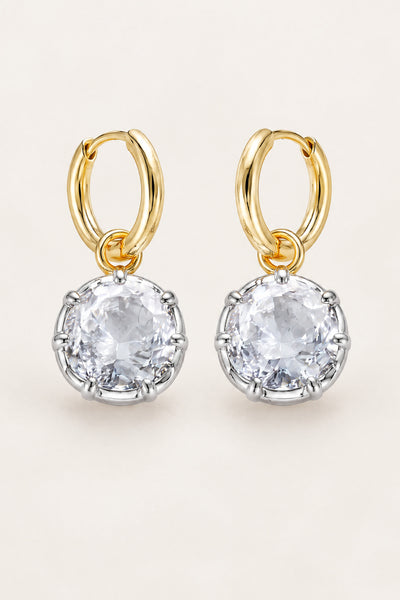 BOLODOO QQ065 two-tone clear stone drop hoop earrings, front view