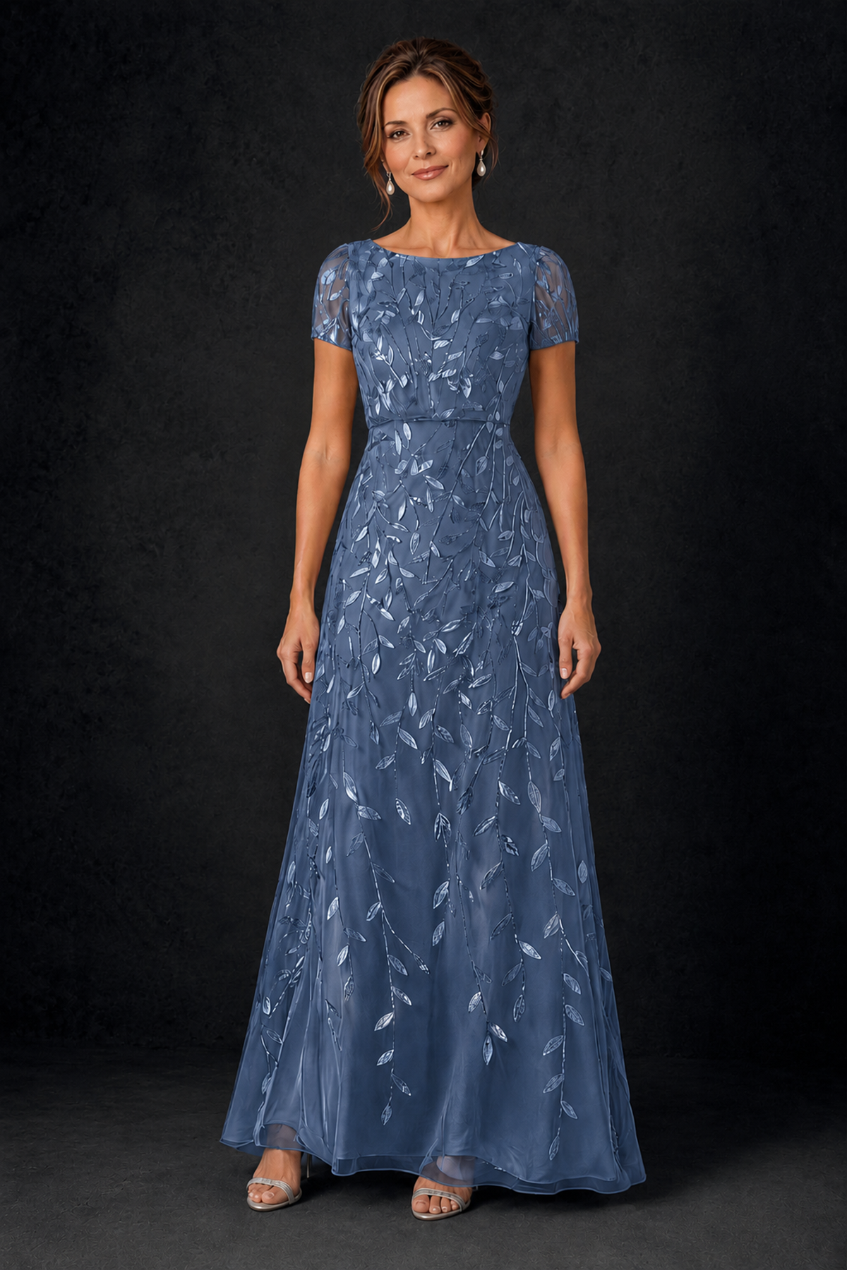 BOLODOO Steel Blue Leaf Embroidered A-Line Formal Gown with Cap Sleeves - Steel Blue - Steel_Blue_1