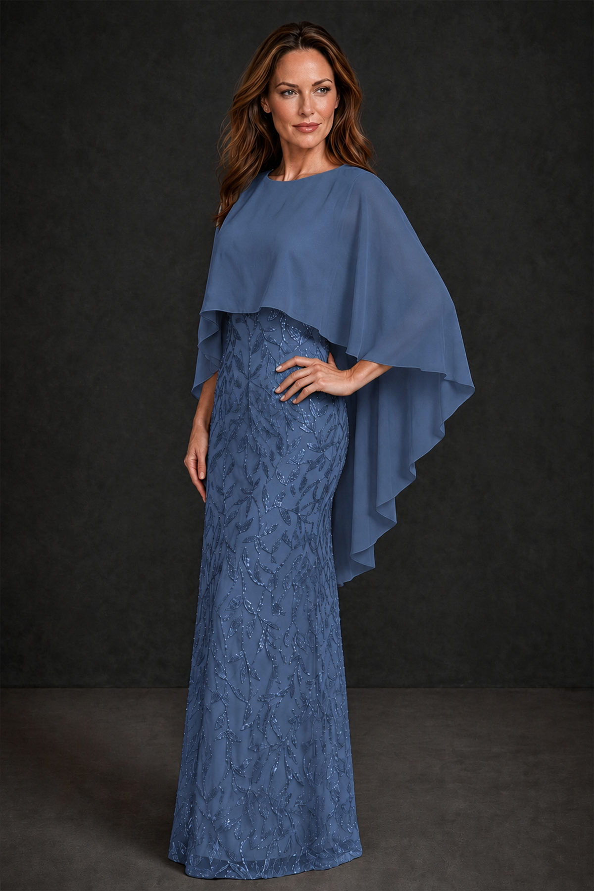 BOLODOO Steel Blue Round Neck Chiffon Cape Overlay Sequin Lace Mermaid Maxi Dress - Steel Blue - Steel Blue_1