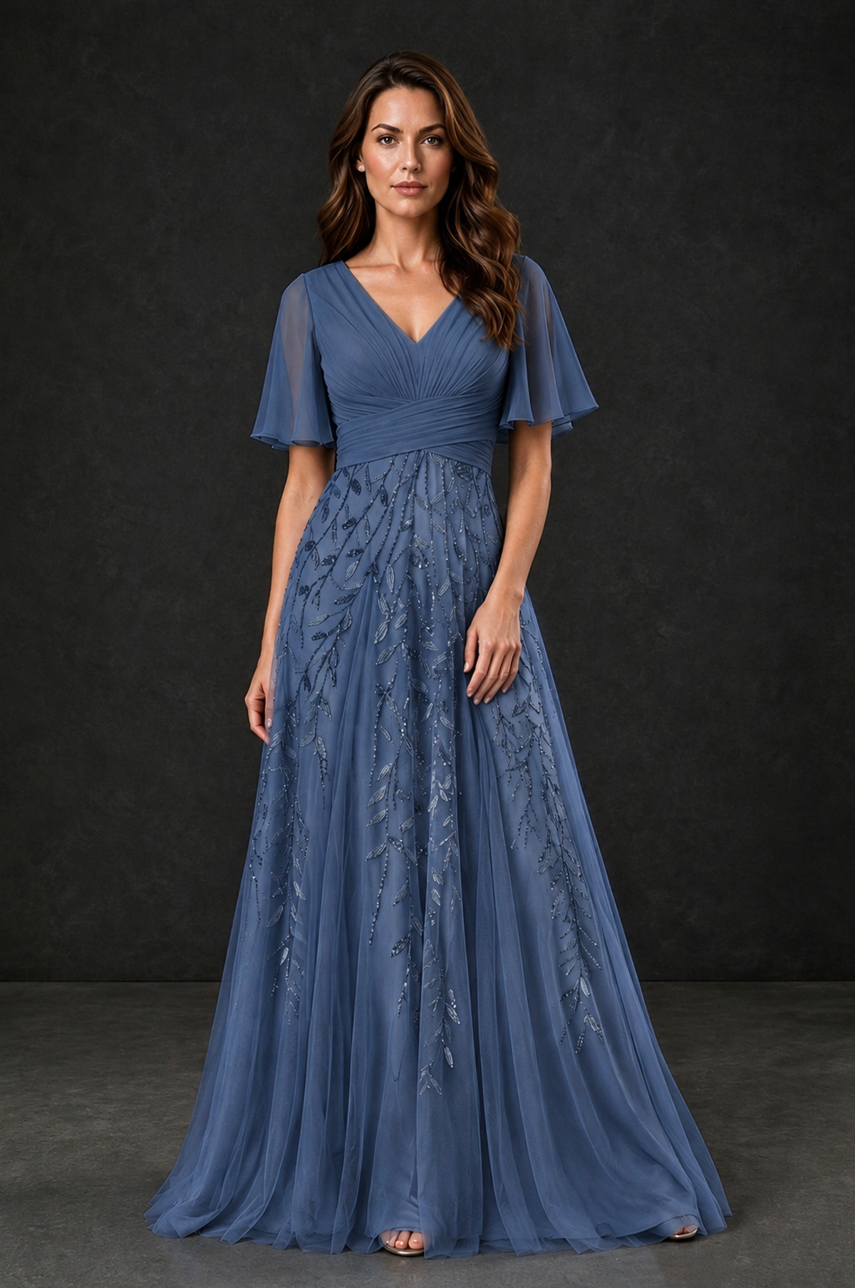 BOLODOO Steel Blue V-Neck Flutter Sleeve Beaded Botanical Tulle A-Line Gown | Mother of the Bride Evening Dress - Steel Blue - Steel Blue_1