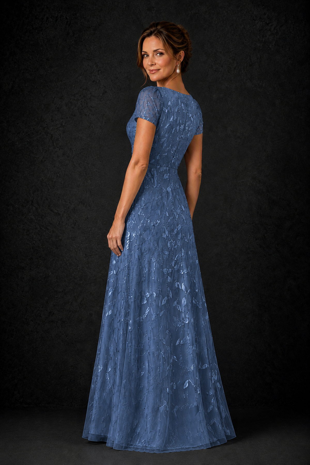 BOLODOO Steel Blue Leaf Embroidered A-Line Formal Gown with Cap Sleeves - Steel Blue - Steel_Blue_2
