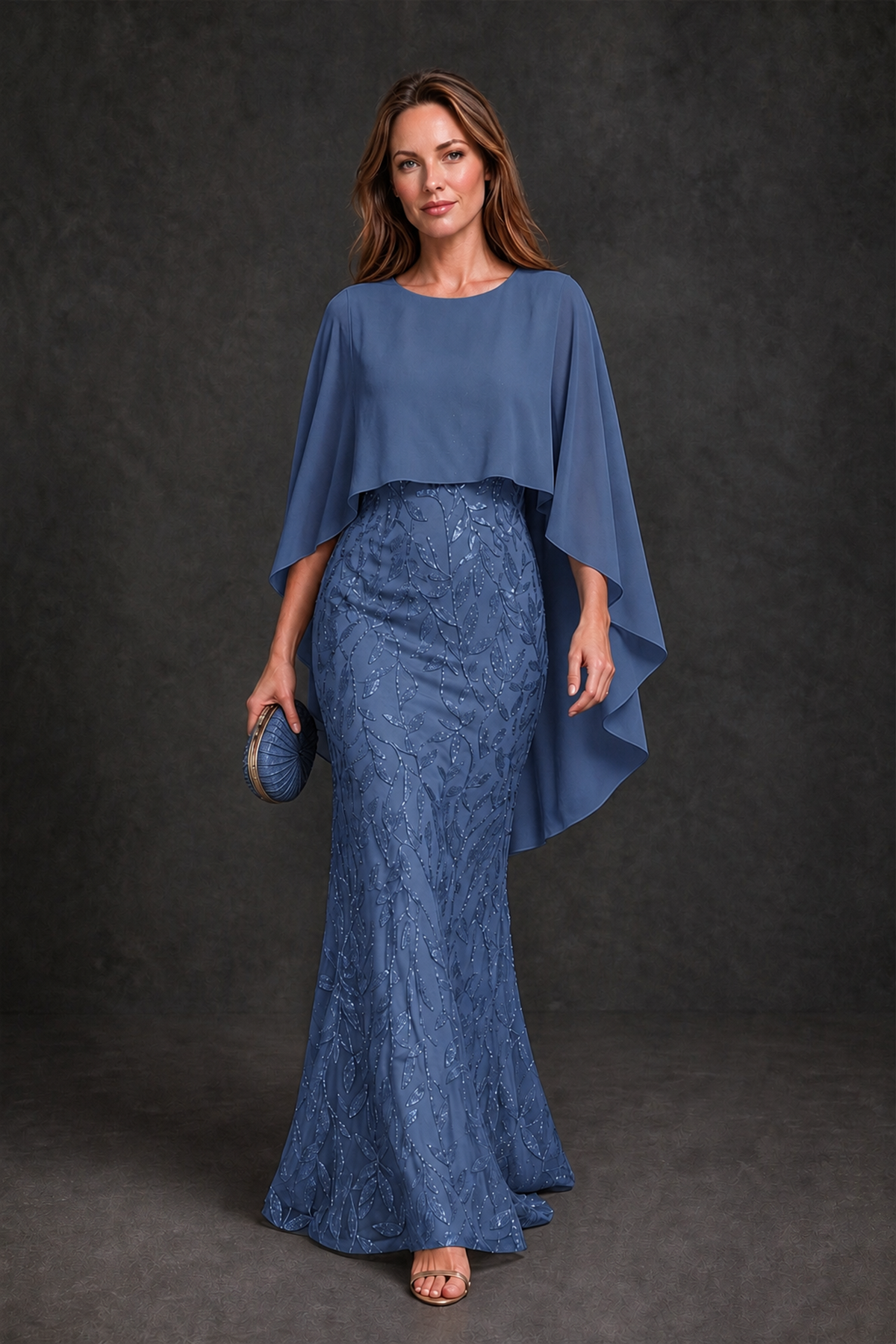 BOLODOO Steel Blue Round Neck Chiffon Cape Overlay Sequin Lace Mermaid Maxi Dress - Steel Blue - Steel Blue_2