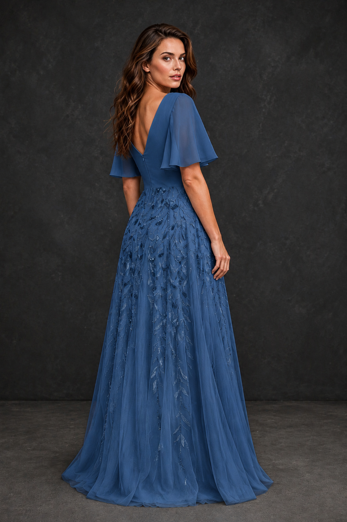 BOLODOO Steel Blue V-Neck Flutter Sleeve Beaded Botanical Tulle A-Line Gown | Mother of the Bride Evening Dress - Steel Blue - Steel Blue_2