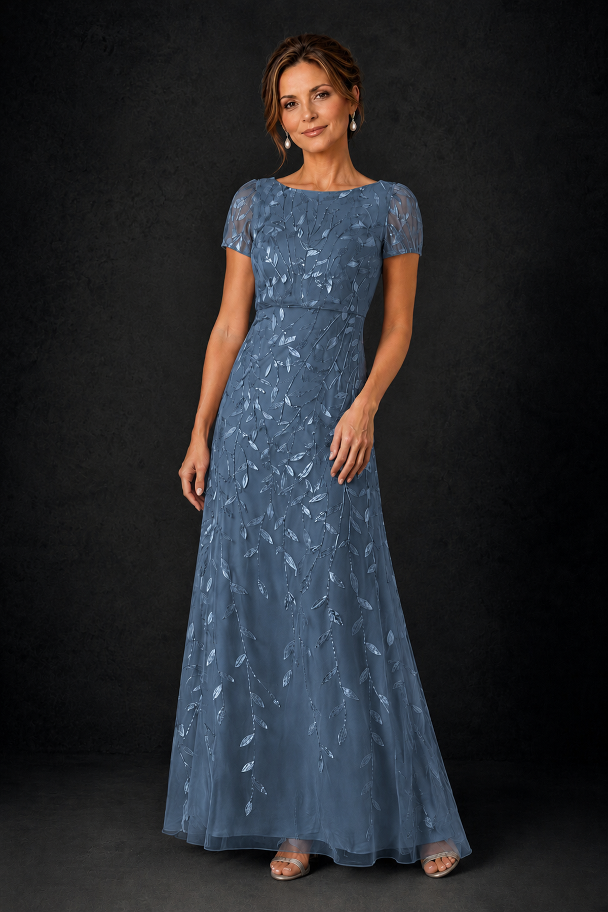 BOLODOO Steel Blue Leaf Embroidered A-Line Formal Gown with Cap Sleeves - Steel Blue - Steel_Blue_3