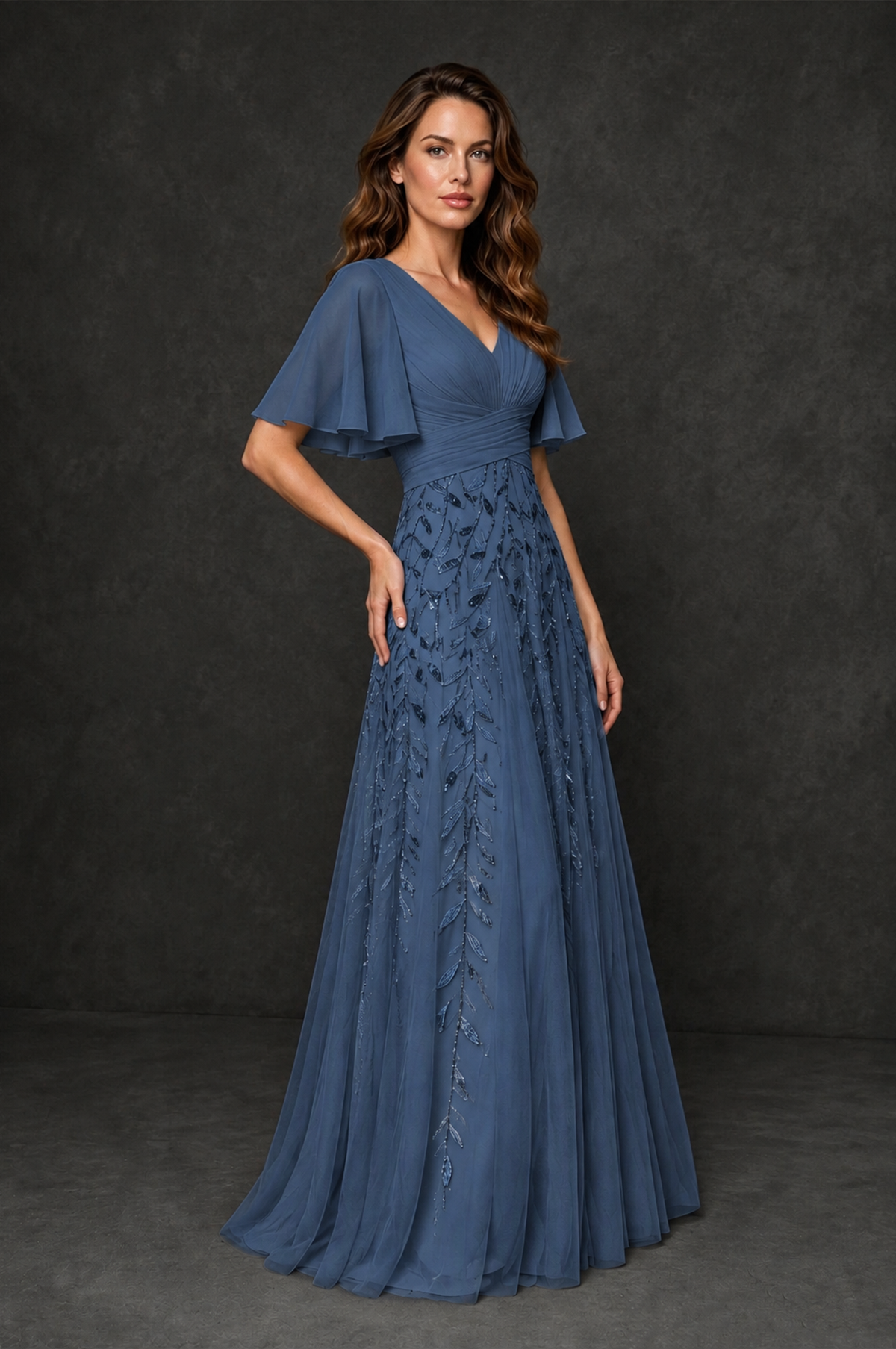 BOLODOO Steel Blue V-Neck Flutter Sleeve Beaded Botanical Tulle A-Line Gown | Mother of the Bride Evening Dress - Steel Blue - Steel Blue_3