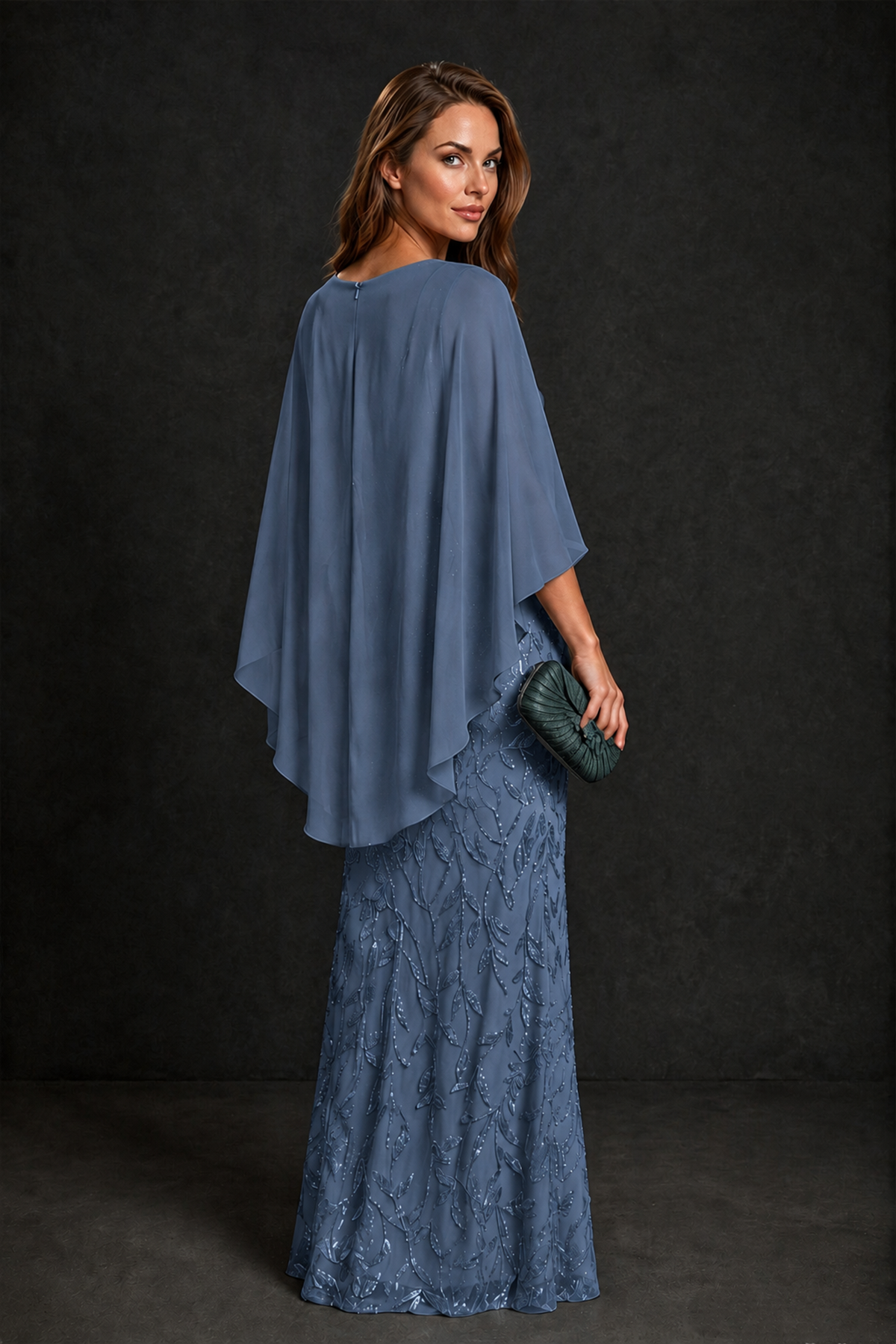 BOLODOO Steel Blue Round Neck Chiffon Cape Overlay Sequin Lace Mermaid Maxi Dress - Steel Blue - Steel Blue_3