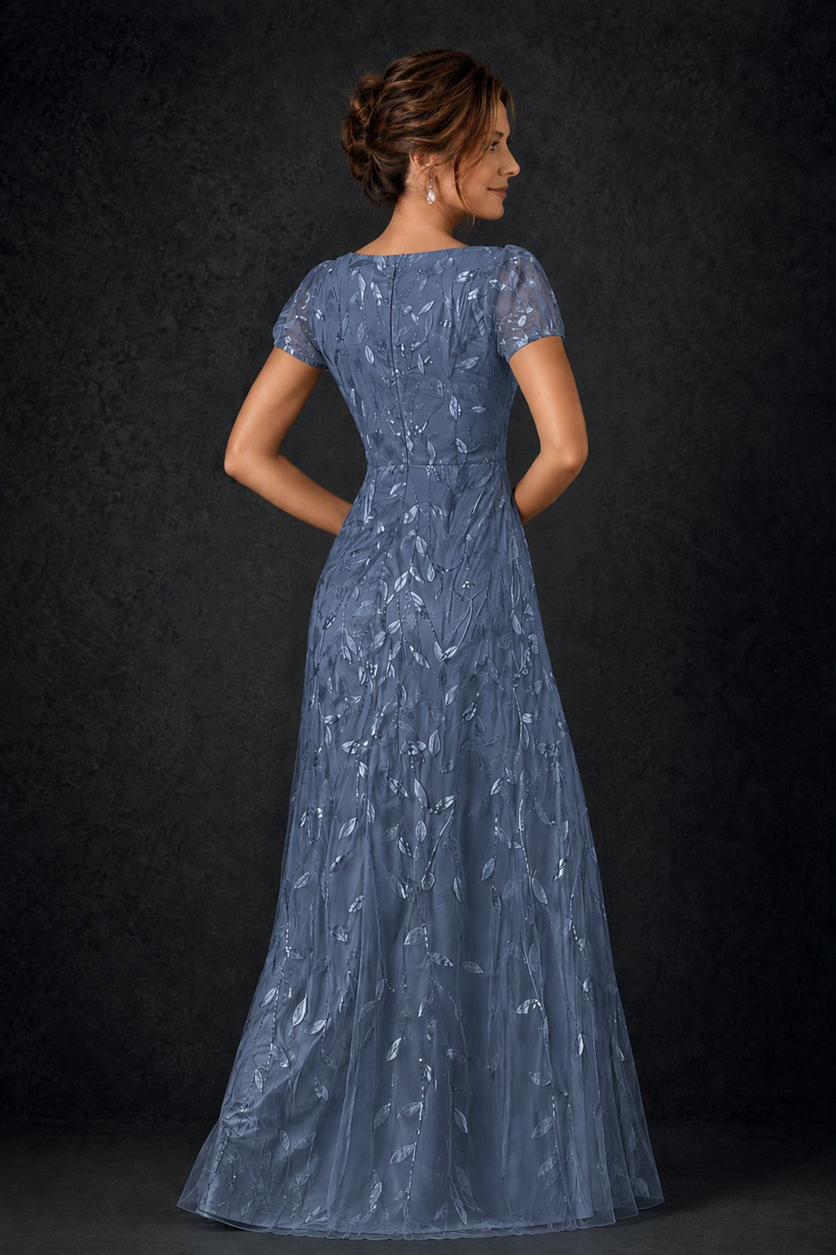 BOLODOO Steel Blue Leaf Embroidered A-Line Formal Gown with Cap Sleeves - Steel Blue - Steel_Blue_4