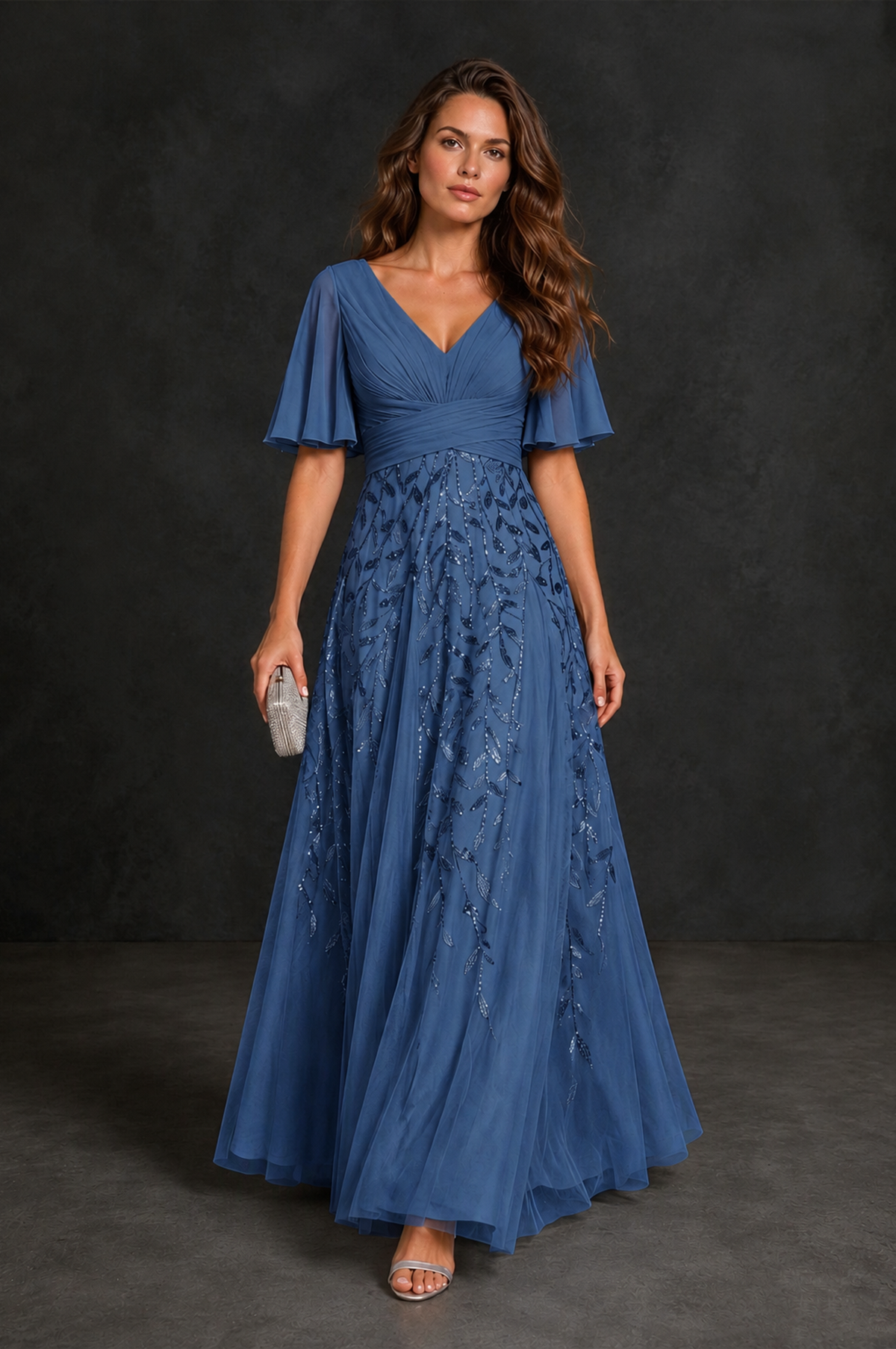 BOLODOO Steel Blue V-Neck Flutter Sleeve Beaded Botanical Tulle A-Line Gown | Mother of the Bride Evening Dress - Steel Blue - Steel Blue_4