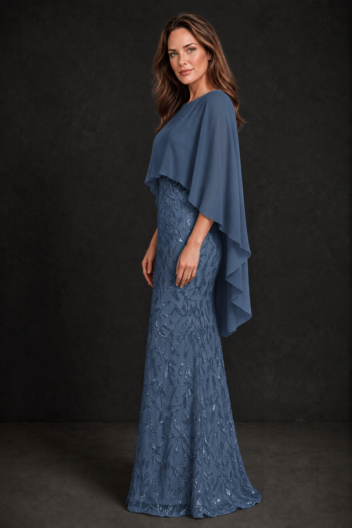 BOLODOO Steel Blue Round Neck Chiffon Cape Overlay Sequin Lace Mermaid Maxi Dress - Steel Blue - Steel Blue_4