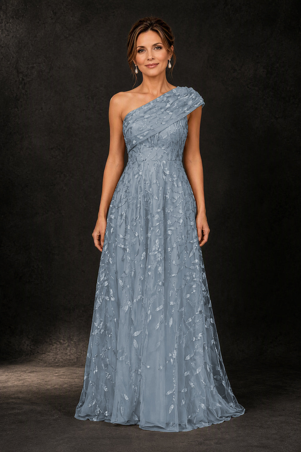 BOLODOO Steel Blue Leaf Sequin One-Shoulder A-Line Maxi Gown – Mother of the Bride & Formal Evening Dress - Steel Blue