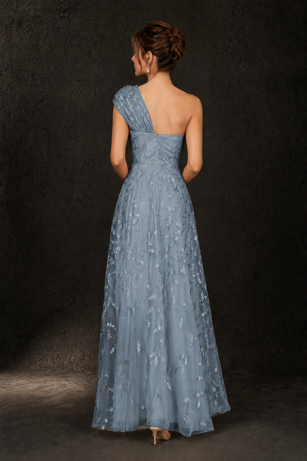 BOLODOO Steel Blue Leaf Sequin One-Shoulder A-Line Maxi Gown – Mother of the Bride & Formal Evening Dress - Steel Blue
