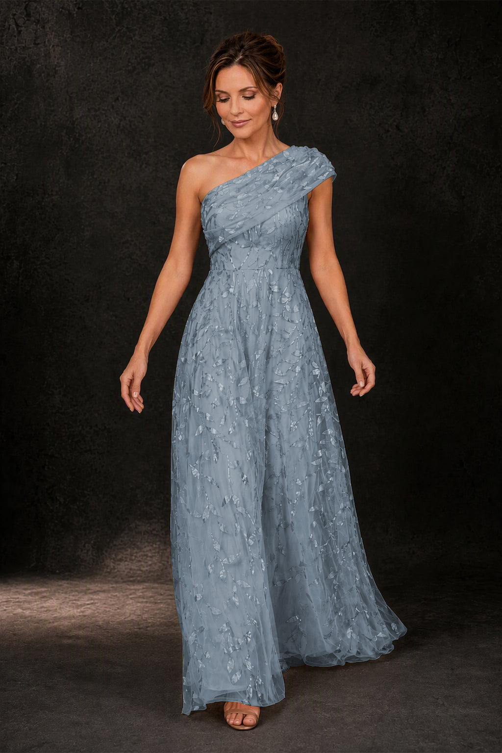 BOLODOO Steel Blue Leaf Sequin One-Shoulder A-Line Maxi Gown – Mother of the Bride & Formal Evening Dress - Steel Blue