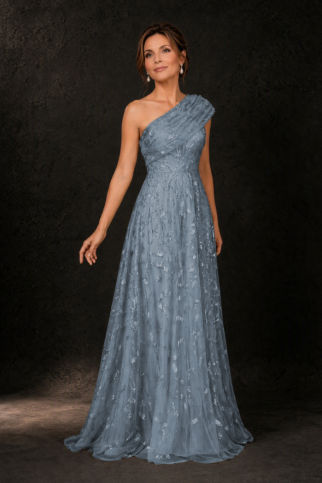 BOLODOO Steel Blue Leaf Sequin One-Shoulder A-Line Maxi Gown – Mother of the Bride & Formal Evening Dress - Steel Blue