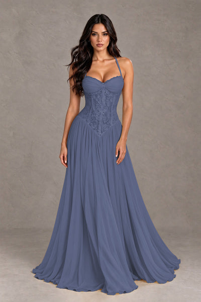 BOLODOO Stormy Blue Lace Corset Halter Maxi Gown – Backless A-Line Formal Dress 