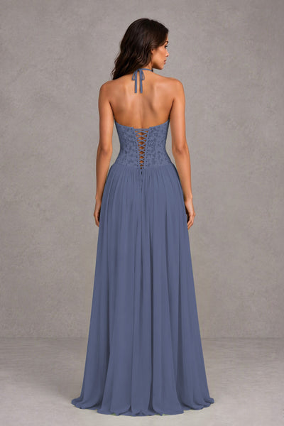 BOLODOO Stormy Blue Lace Corset Halter Maxi Gown – Backless A-Line Formal Dress 