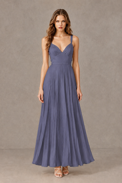 BOLODOO Stormy Blue V-Neck Pleated Open-Back Maxi Dress - Stormy Blue - Stormy Blue_01