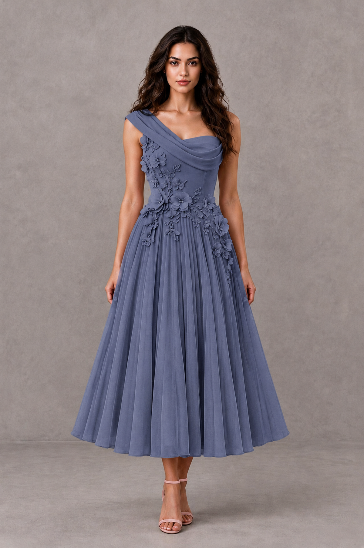 BOLODOO Stormy Blue One-Shoulder Floral Tulle Tea-Length Dress - Stormy Blue - Stormy Blue_01