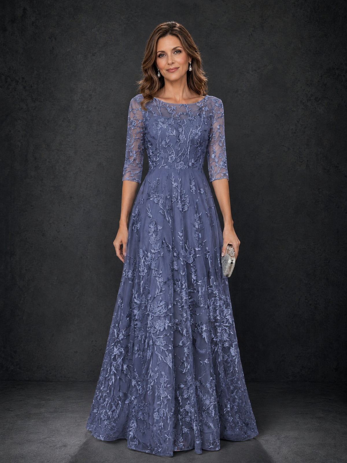 BOLODOO Stormy Blue Illusion Bateau Neck 3/4 Sleeve Floral Lace A-Line Mother of the Bride Dress MX007 - Stormy Blue - Stormy Blue_01