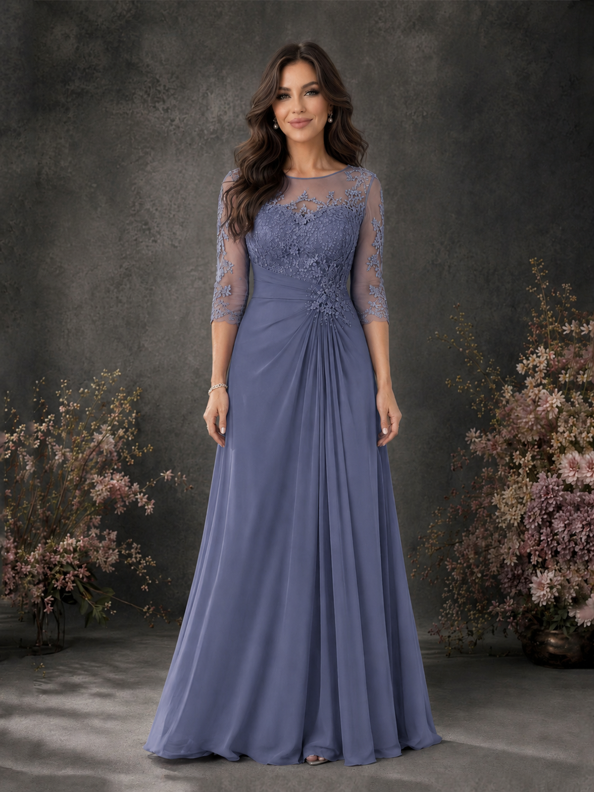 BOLODOO Stormy Blue Chiffon Lace Illusion Neckline 3/4 Sleeve Floor Length Formal Gown - Stormy Blue - Stormy Blue_01