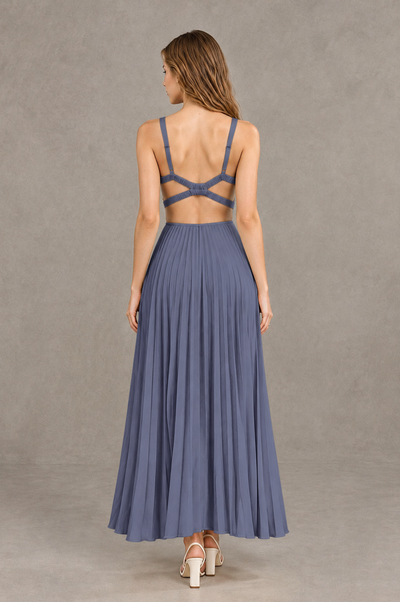 BOLODOO Stormy Blue V-Neck Pleated Open-Back Maxi Dress - Stormy Blue - Stormy Blue_02