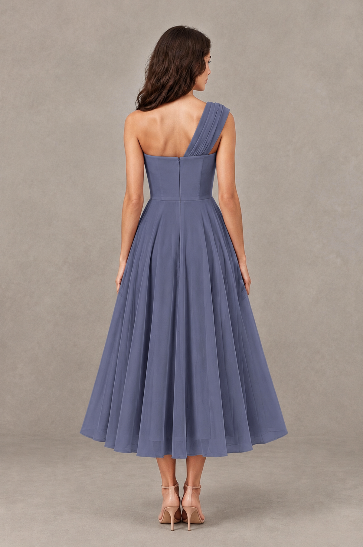 BOLODOO Stormy Blue One-Shoulder Floral Tulle Tea-Length Dress - Stormy Blue - Stormy Blue_02