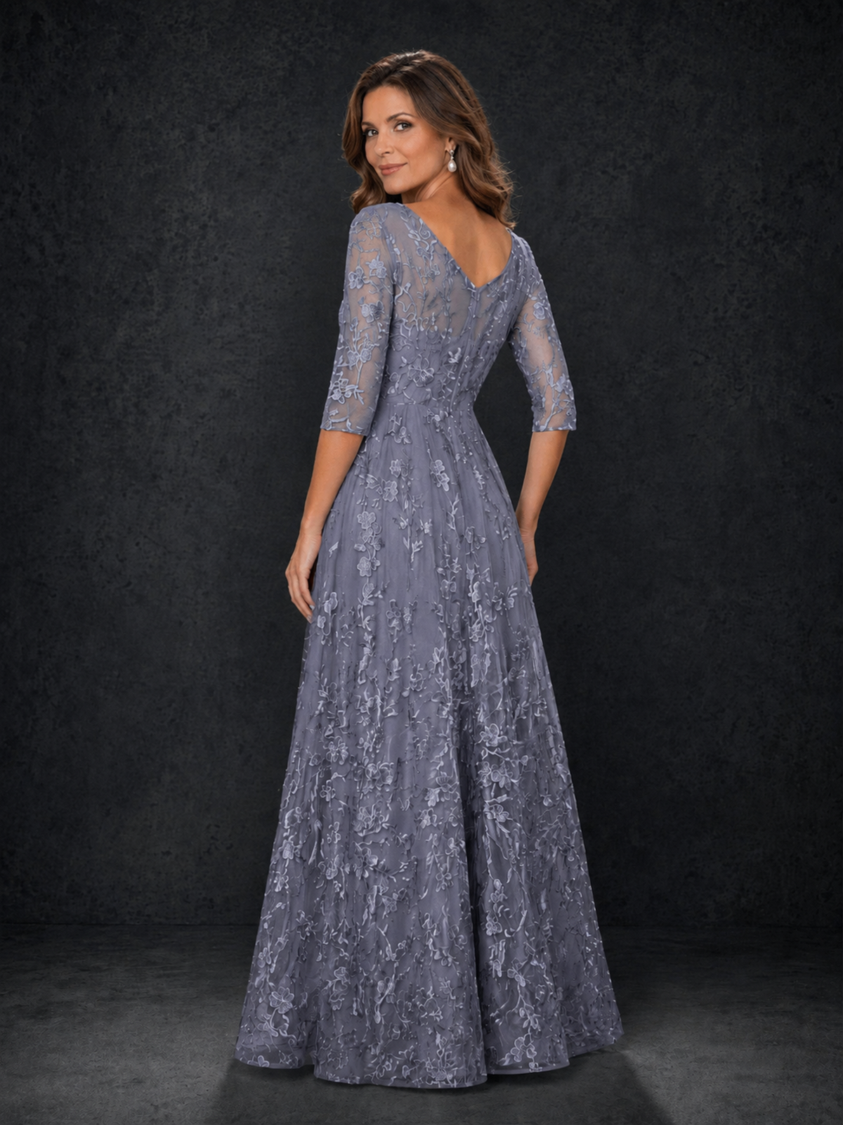 BOLODOO Stormy Blue Illusion Bateau Neck 3/4 Sleeve Floral Lace A-Line Mother of the Bride Dress MX007 - Stormy Blue - Stormy Blue_02