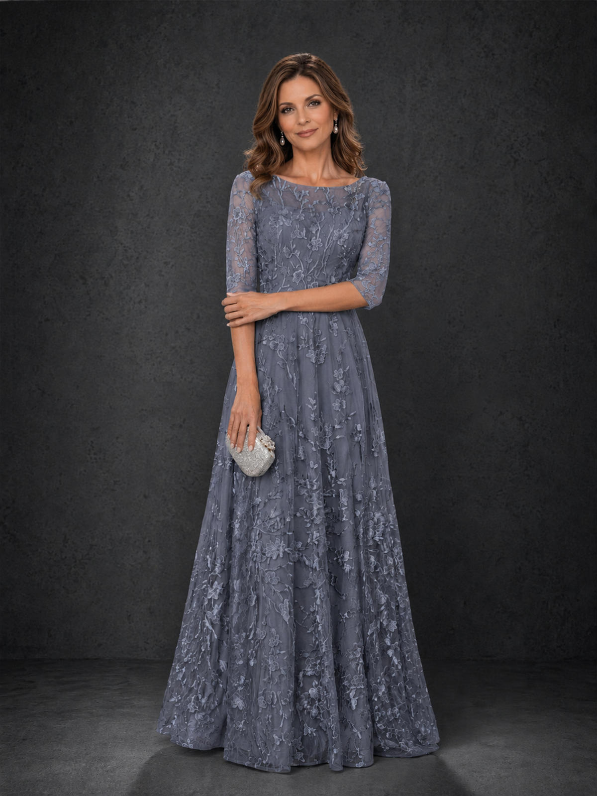 BOLODOO Stormy Blue Illusion Bateau Neck 3/4 Sleeve Floral Lace A-Line Mother of the Bride Dress MX007 - Stormy Blue - Stormy Blue_03
