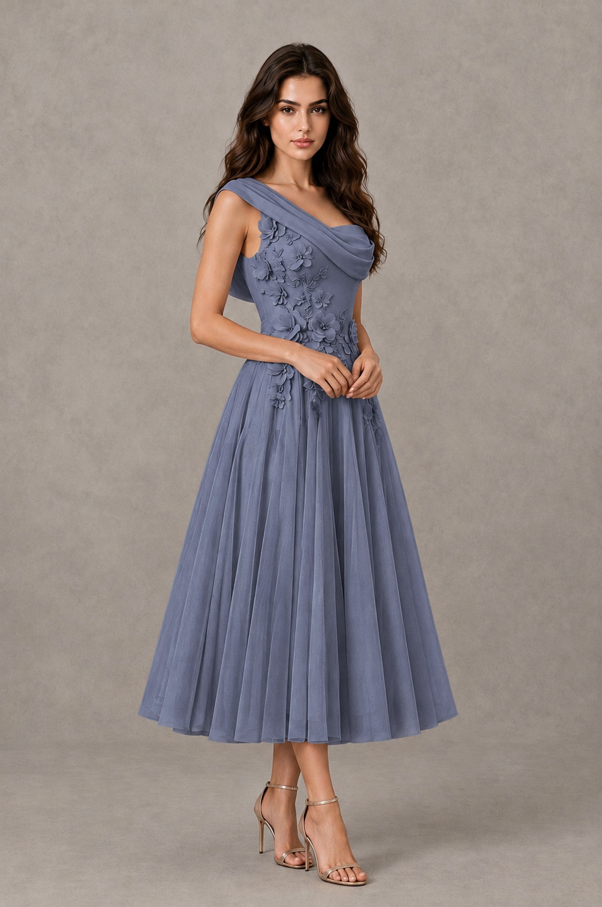 BOLODOO Stormy Blue One-Shoulder Floral Tulle Tea-Length Dress - Stormy Blue - Stormy Blue_03