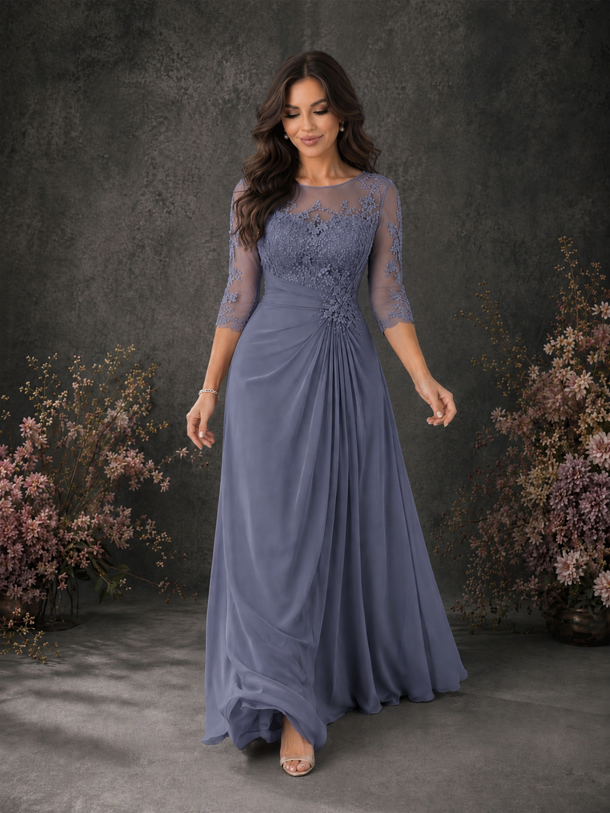 BOLODOO Stormy Blue Chiffon Lace Illusion Neckline 3/4 Sleeve Floor Length Formal Gown - Stormy Blue - Stormy Blue_03