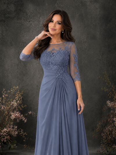 BOLODOO Stormy Blue Chiffon Lace Illusion Neckline 3/4 Sleeve Floor Length Formal Gown - Stormy Blue - Stormy Blue_04