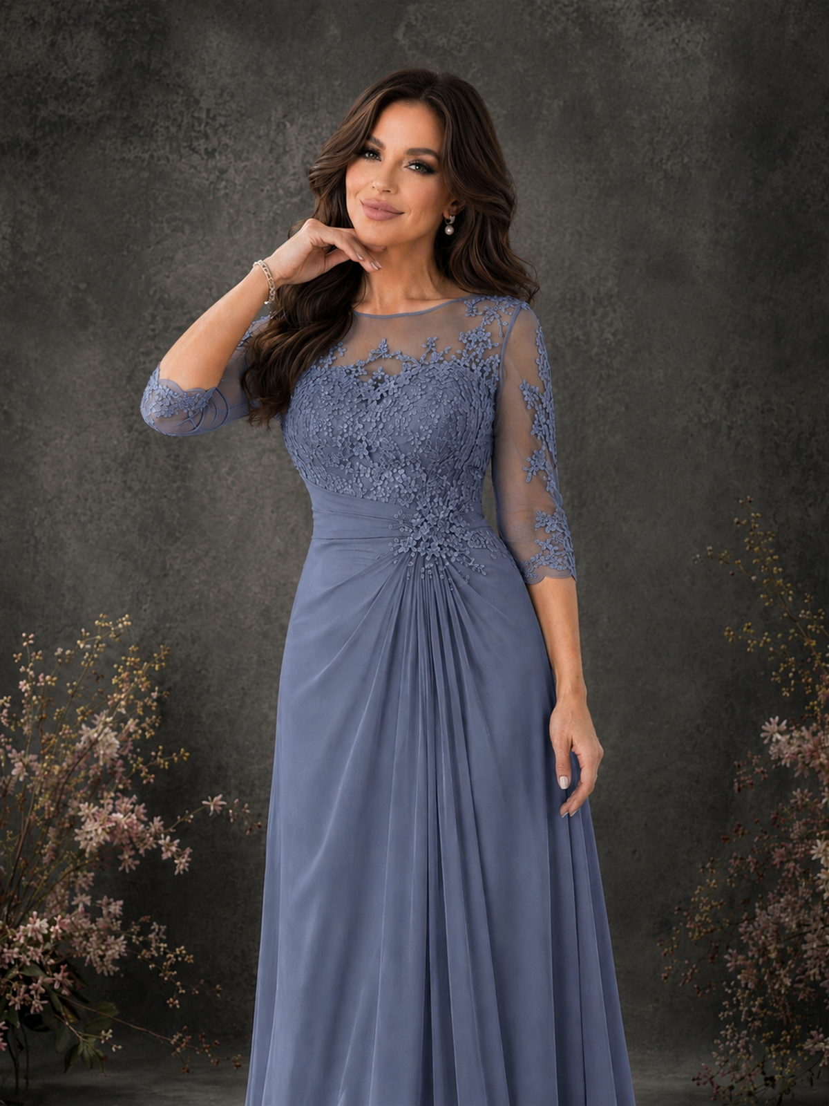 BOLODOO Stormy Blue Chiffon Lace Illusion Neckline 3/4 Sleeve Floor Length Formal Gown - Stormy Blue - Stormy Blue_04