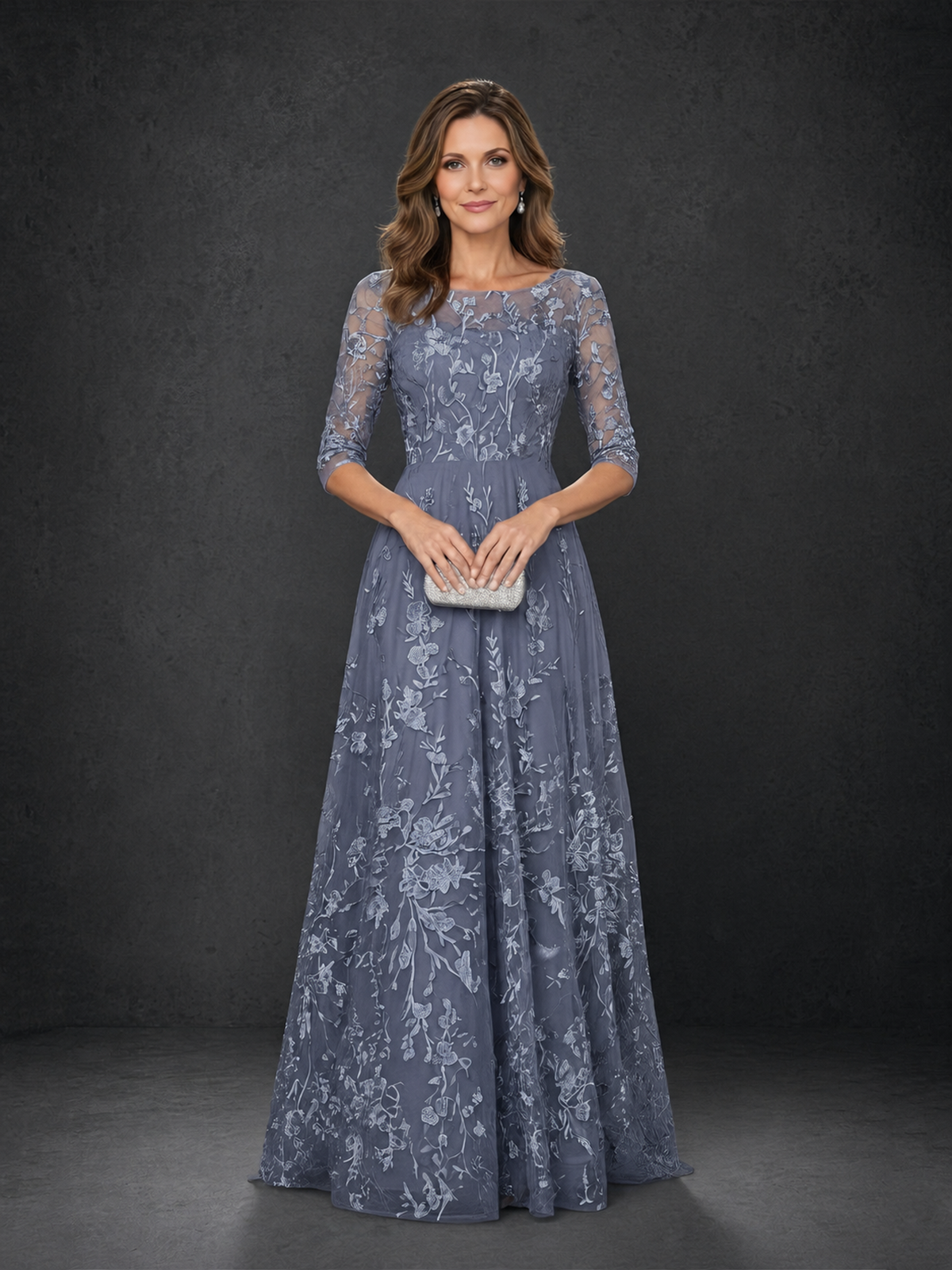 BOLODOO Stormy Blue Illusion Bateau Neck 3/4 Sleeve Floral Lace A-Line Mother of the Bride Dress MX007 - Stormy Blue - Stormy Blue_04
