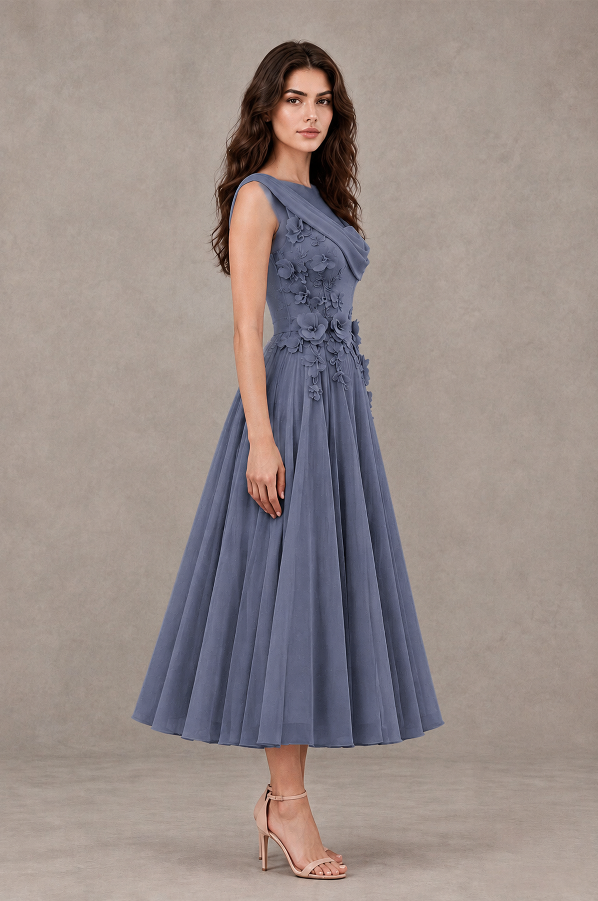 BOLODOO Stormy Blue One-Shoulder Floral Tulle Tea-Length Dress - Stormy Blue - Stormy Blue_04