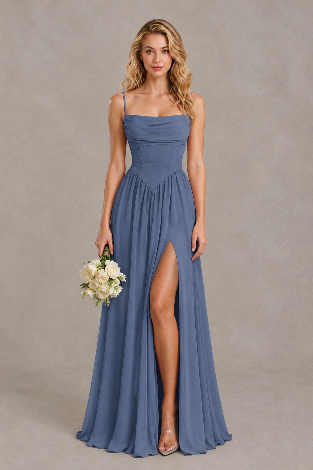 Blue Line File Stormy Blue A-Line Bridesmaid Dress with Slit | BOLODOO