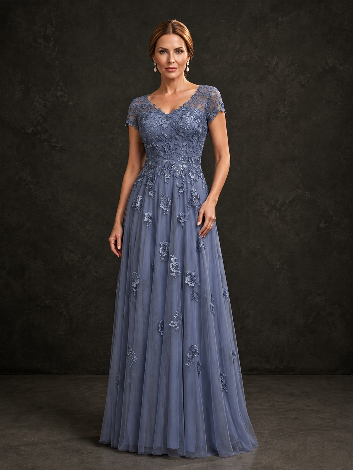 BOLODOO Stormy Blue Cap Sleeve Lace Appliqué A-Line Formal Gown | Mother of the Bride Dress - Stormy Blue - Stormy Blue_1