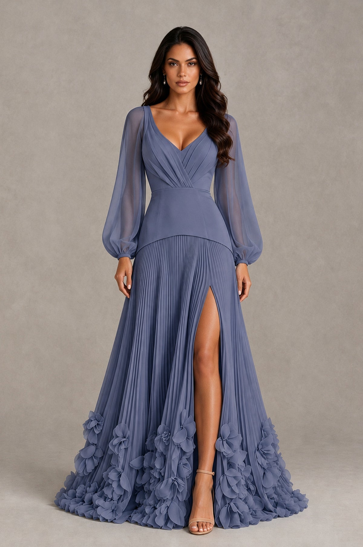 BOLODOO Stormy Blue V-Neck Long Sleeve Pleated Floral Hem Evening Dress - Stormy Blue - Stormy Blue_1