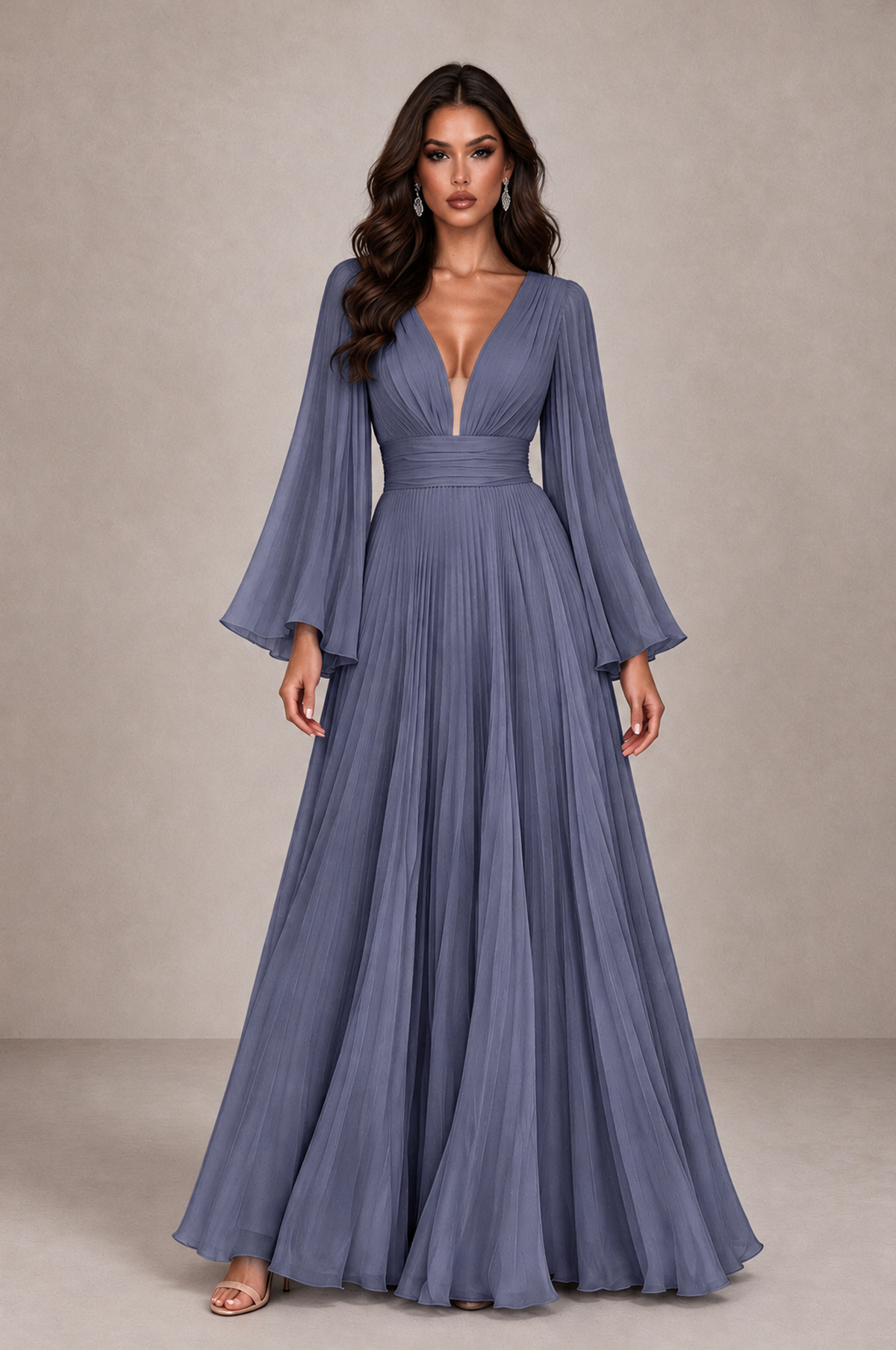 BOLODOO Stormy Blue Pleated Deep V-Neck Long Bell Sleeve Evening Dress - Stormy Blue - Stormy_Blue_1