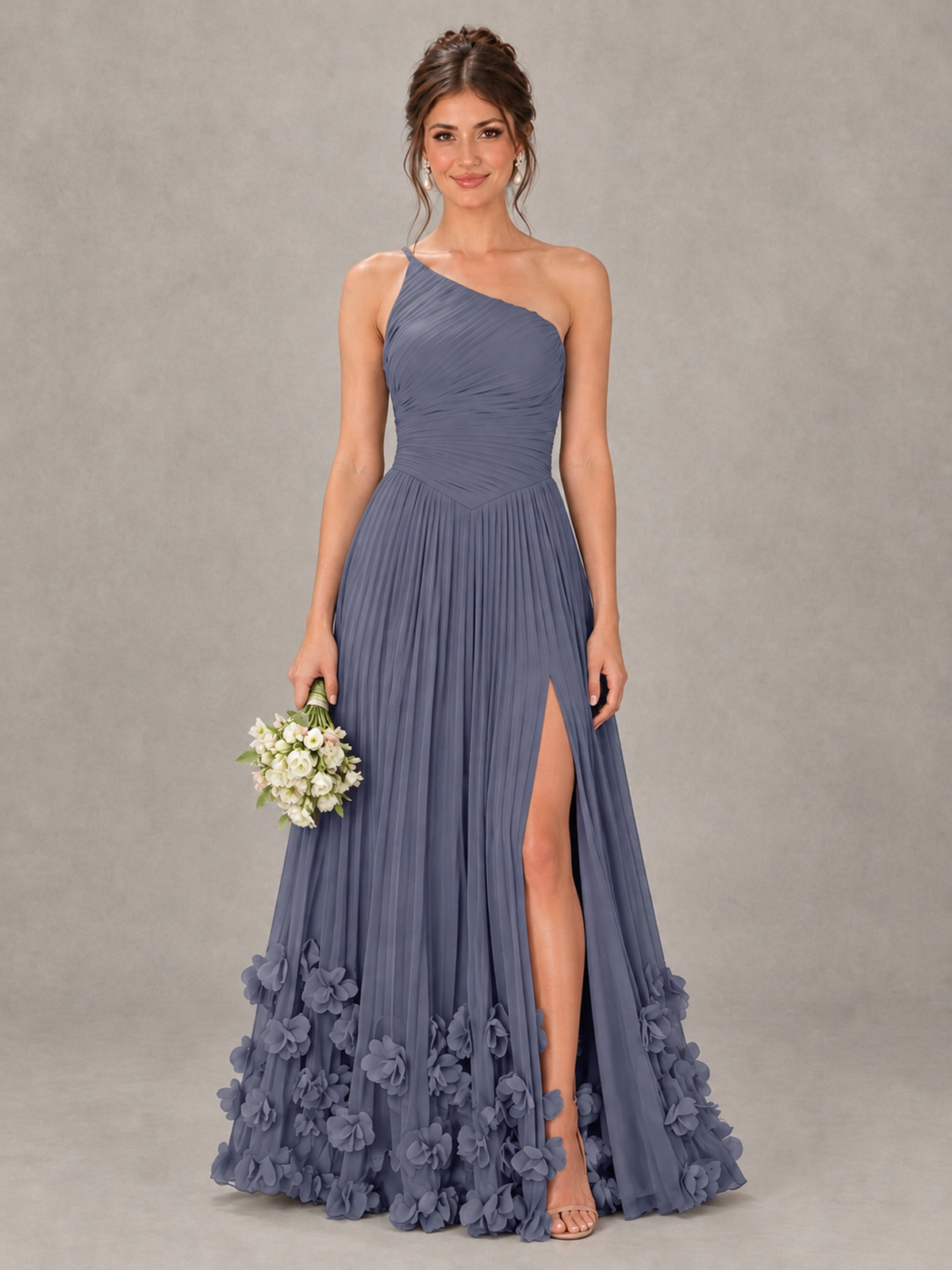 BOLODOO Stormy Blue One-Shoulder Pleated Bridesmaid Dress with 3D Floral Hem - Stormy Blue - Stormy Blue_1